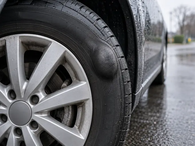 Beule an der Flanke eines Autoreifens auf nasser Straße, die Wölbung ist deutlich zu erkennen