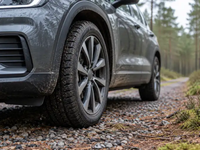 Grauer SUV auf einem Schotterweg im Kiefernwald, im Vordergrund das Vorderrad mit Straßenreifen